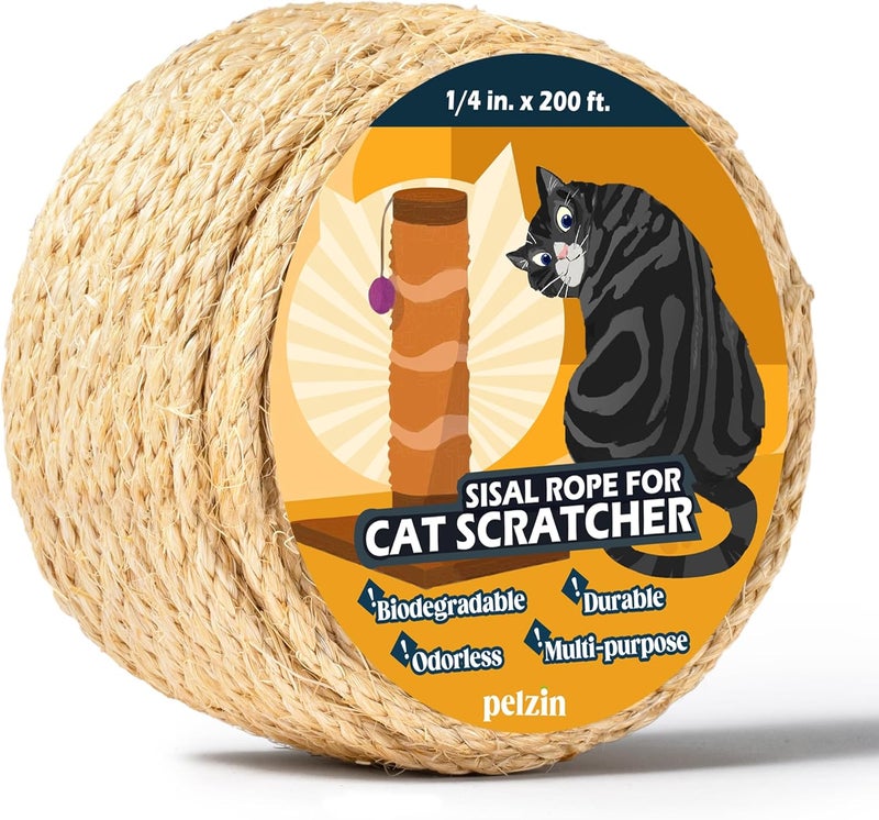 PELZIN Natural Sisal Rope for Cat Scratcher 1/4 Inch by 200 Feet, Cat Tree Rope Twine for Cat Scratching Post Replacement, Cat Tower with Scratch Post Repairing, Replace, Recovering and DIY, Natural - Image 1